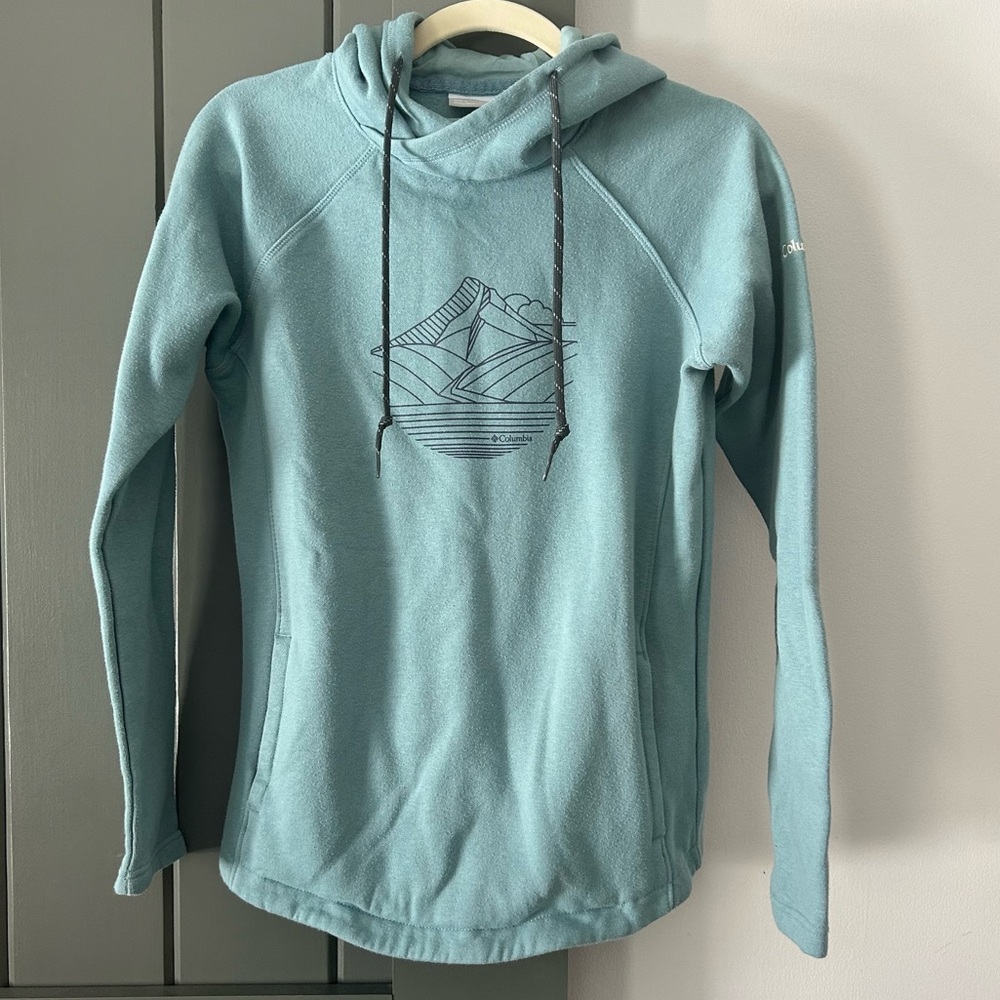 Columbia Light Teal Hooded Pullover with Mountain Line Art